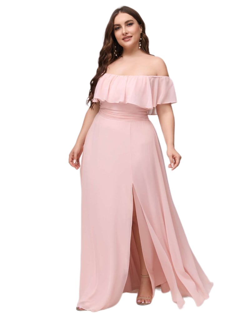 Front of a model wearing a size 14 Women's Off Shoulder Ruffle Thigh Slit Bridesmaid Dresses in Pink by Ever-Pretty. | dia_product_style_image_id:324943